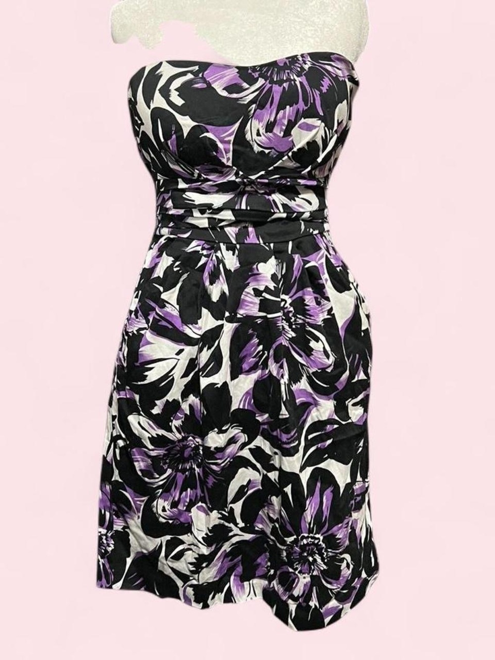 Size 11 Strapless Floral Sheath Dress in Black & Purple